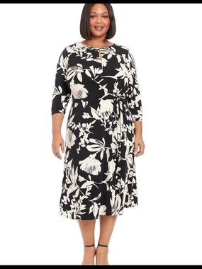 London Times Black and Cream Floral Midi Dress with Tie Waist